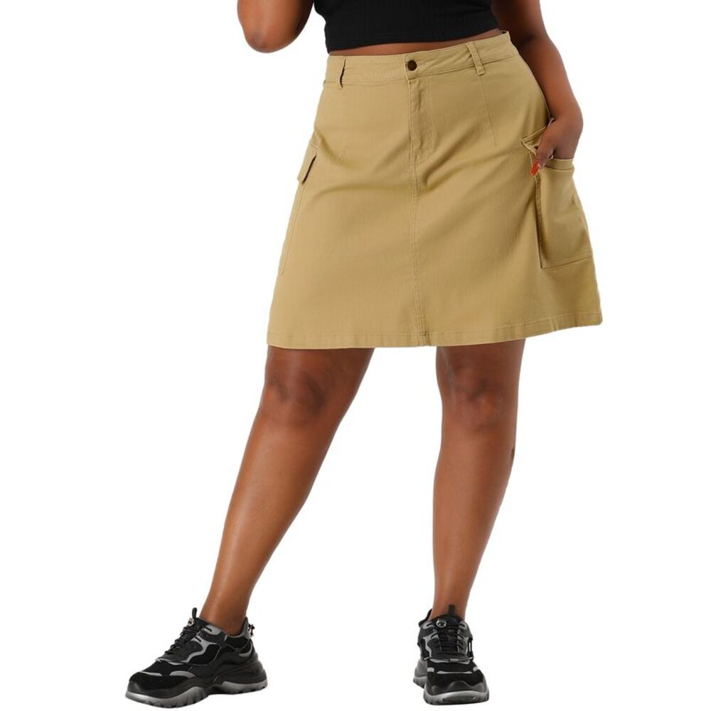 Plus Size Skirt for Women a Line Above Knee Zip Front Flare Khaki